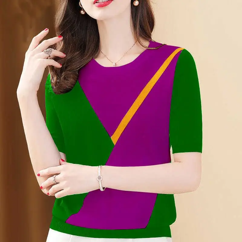 Fashion O-Neck Knitted Spliced All-match Color Blouse Women\'s Clothing 2023 Summer New Casual Pullovers Tops Loose Commute Shirt