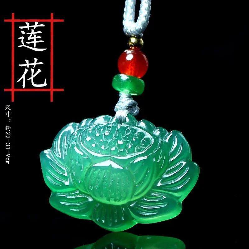 Natural White Green Agate Chalcedony Jade Lotus Pendant Necklace Fashion Charm Jewelry Carved Amulet Luck Gifts for Women Men