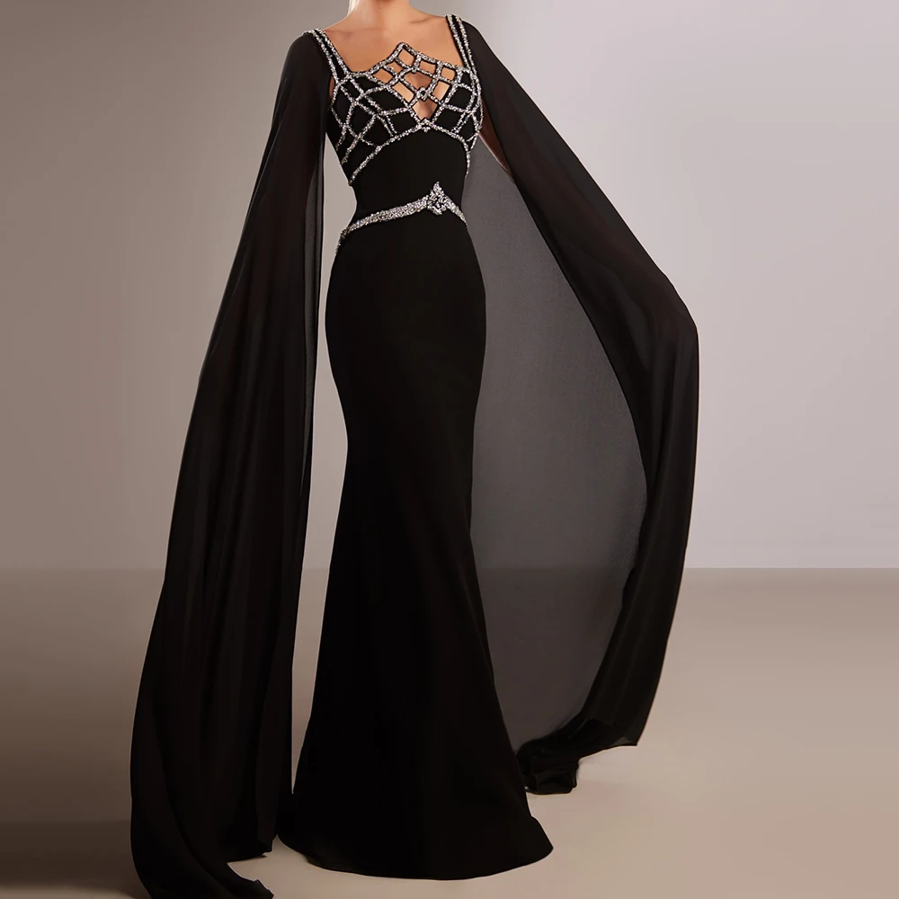 

Customized Mermaid Evening Dresses Floor-length V-neck Sleeveless Prom Gown Fashion Sequined Simple Stole Draped Party Gown