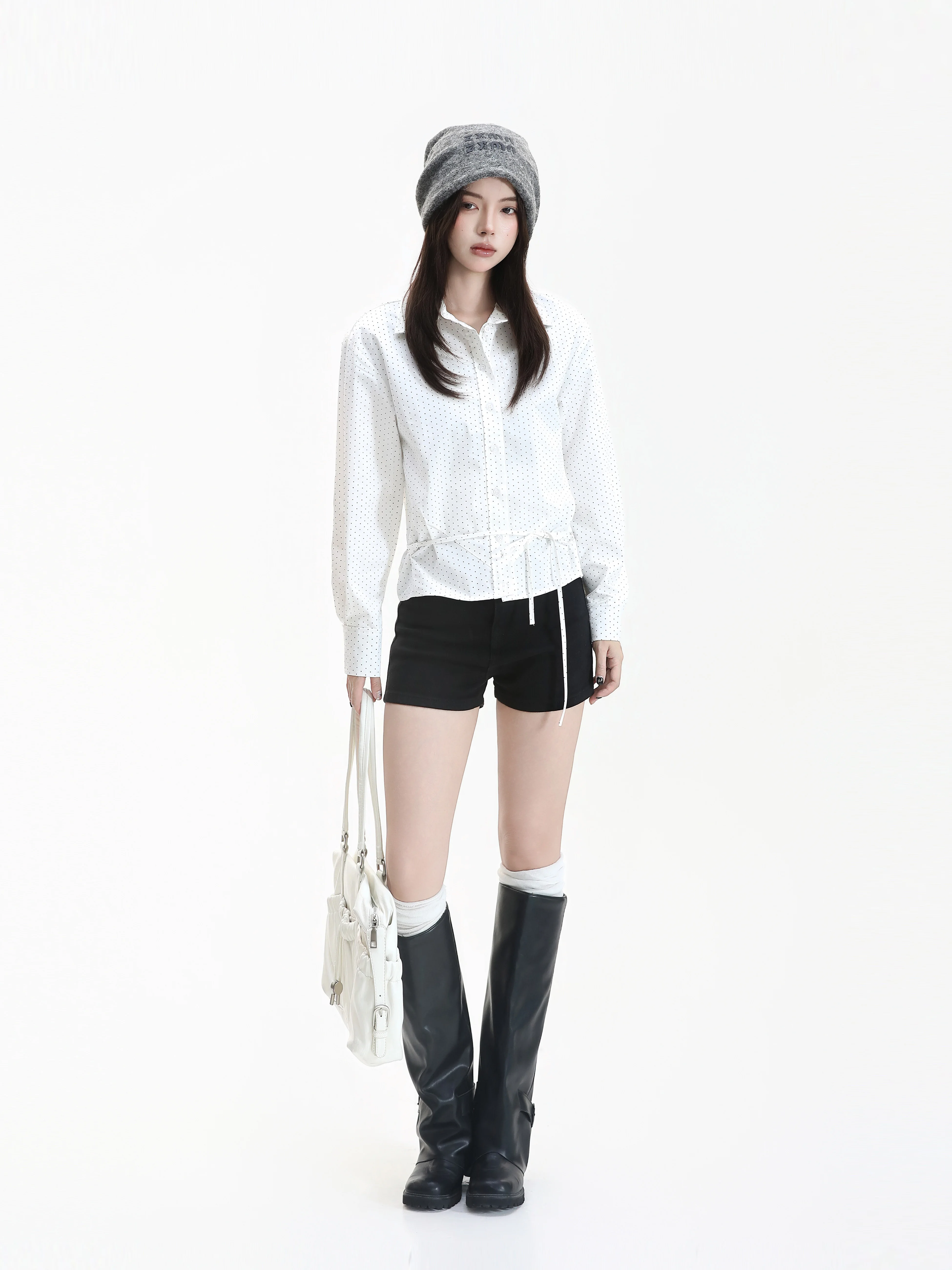 Korean Style Anti-Aging Polka Dot Design Women's Shirt Waist Cinch Belted Short Long Sleeve Clean Fit Cotton Vintage Shirt