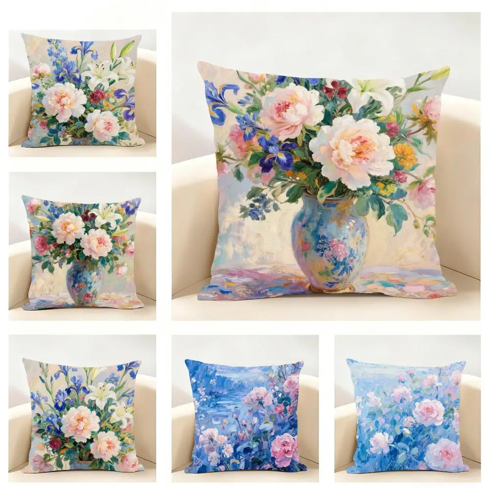 art vibrant Flower Vase Cushion Cover Linen Pillowcase Soft  for Sofa Bed Home Room Decor