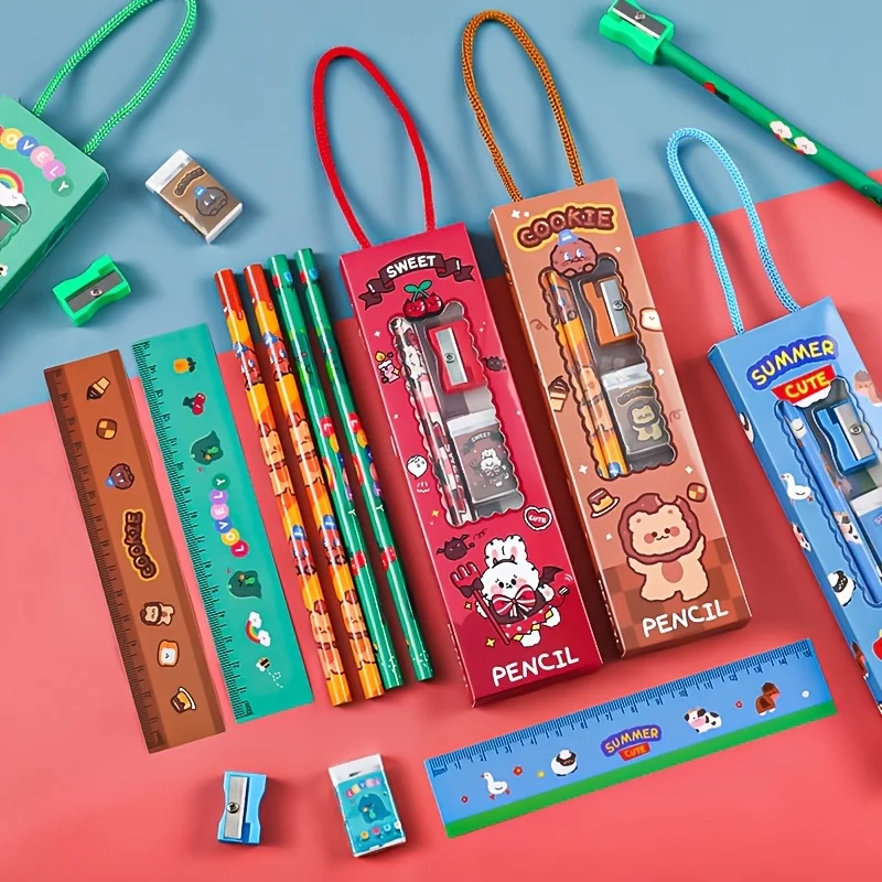 40 Pieces/8 Sets of Cute Stationery Gift Packs, 5/1 Set of Back-To-School Stationery, Each Set Includes a Pencil, Eraser, Sharpener, Ruler (Style/Color Random), High-Quality Stress-Relief Animal Stationery Set, Essential for the Start of School, Student Prizes, Suitable for Back-To-School Season, Gifts for Classmates, Birthday Parties, Back-To-School Gifts