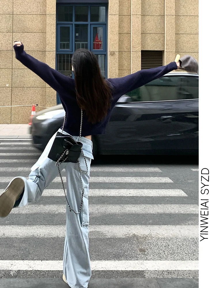 Pantaloni da lavoro in denim a gamba dritta estesa Jeans larghi a gamba larga autunno inverno da donna Vita alta con cerniera Fly Vintage Azzurro