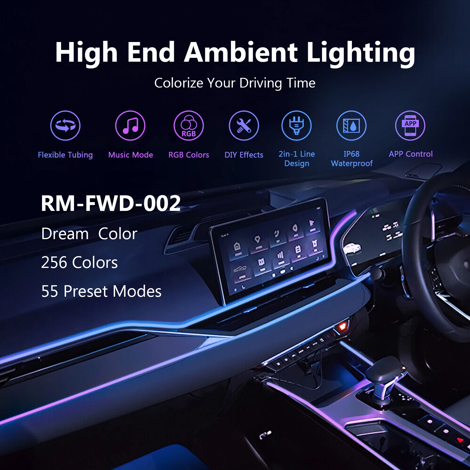 

Car-Ambient-Lighting-Kit,RGB 18 in 1 256 LED with Wireless APP DIY Modes Acrylic Interior Car LED Strip Light