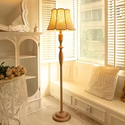 Vintage Solid Wood Floor Lamps Wabi Sabi Fabric Led Floor Lights for Living Room Decoration Home Bedroom Vertical Standing Lamp