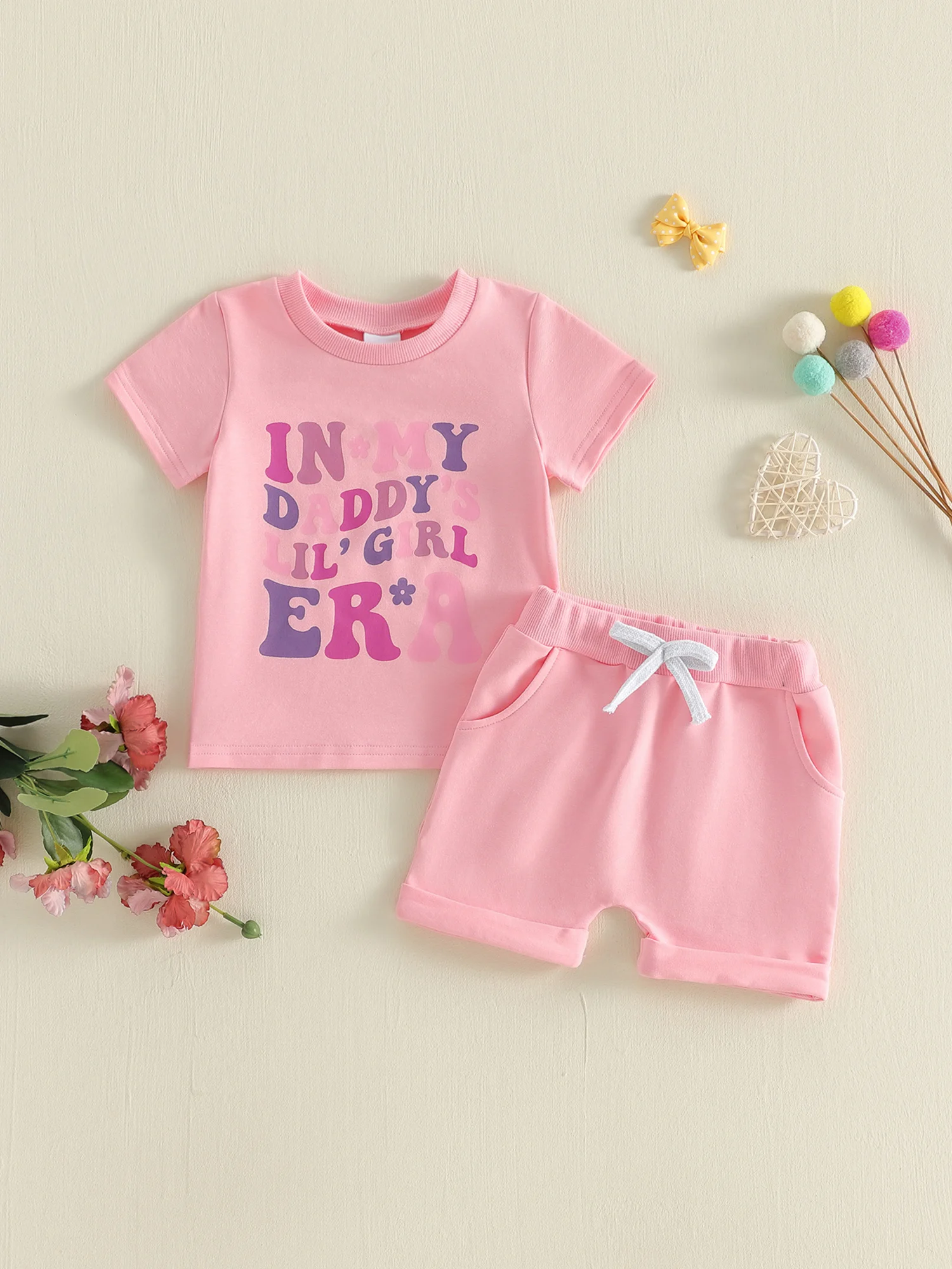 

Girls Summer Outfit Short Sleeve Crew Neck Floral Print T-shirt with Denim Shorts Set for Kids Casual Two-Piece Set