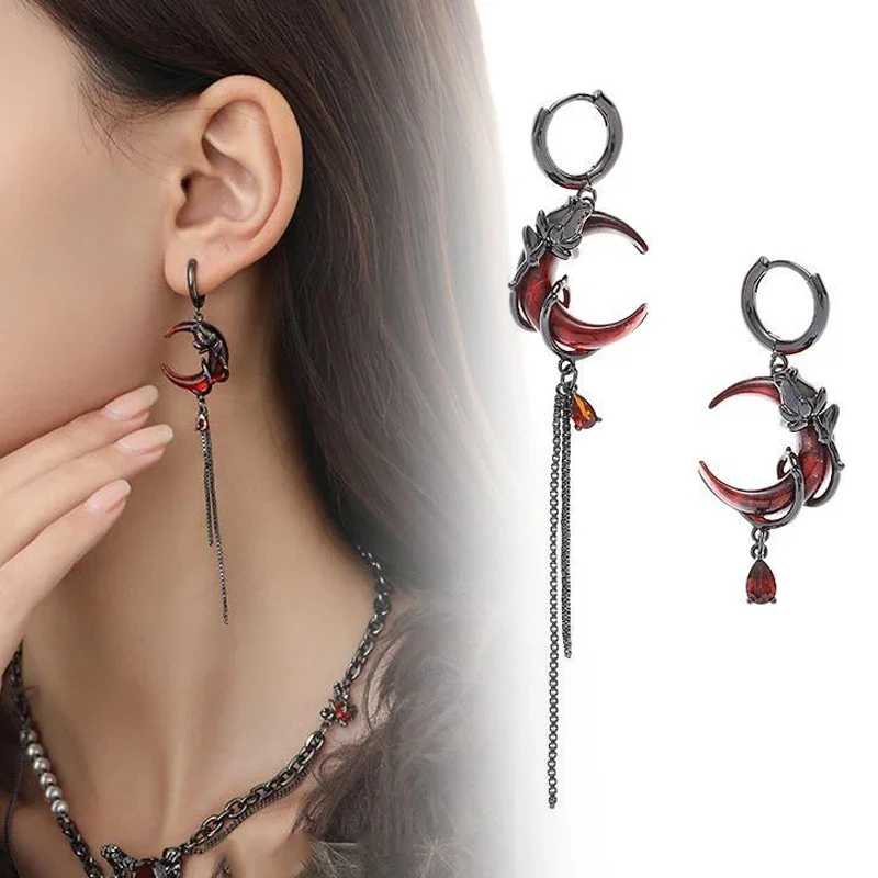 

Red Moon Gem Asymmetric Earrings Personality Hip-pop Gothic Dark Ear Pendants Tassel Chain Eardrop Ear Buckle Jewelry Accessory