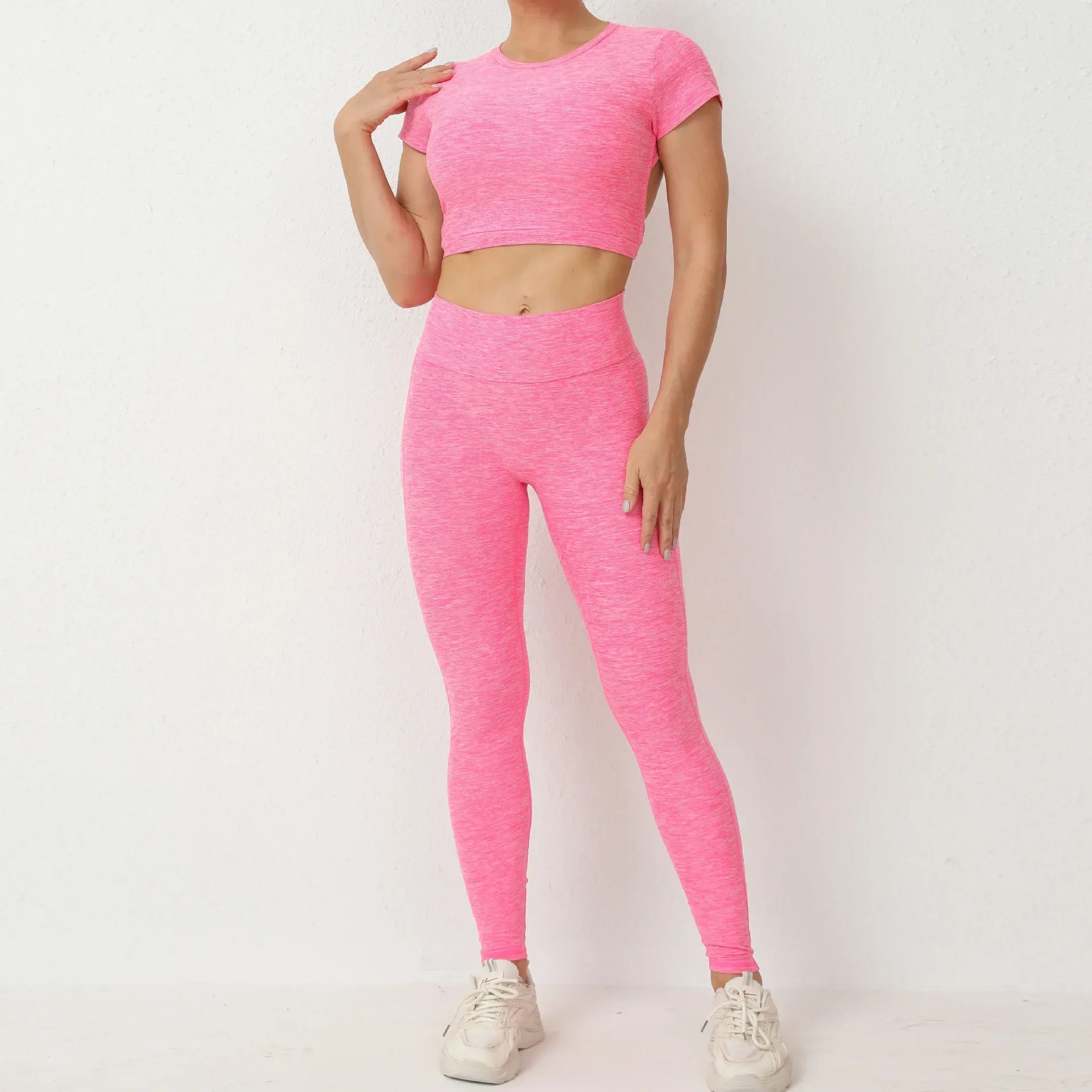 Conjunto de mallas deportivas con espalda descubierta para mujer, traje de gimnasio Sexy, chándal de manga corta para Fitness, ropa de Yoga rosa