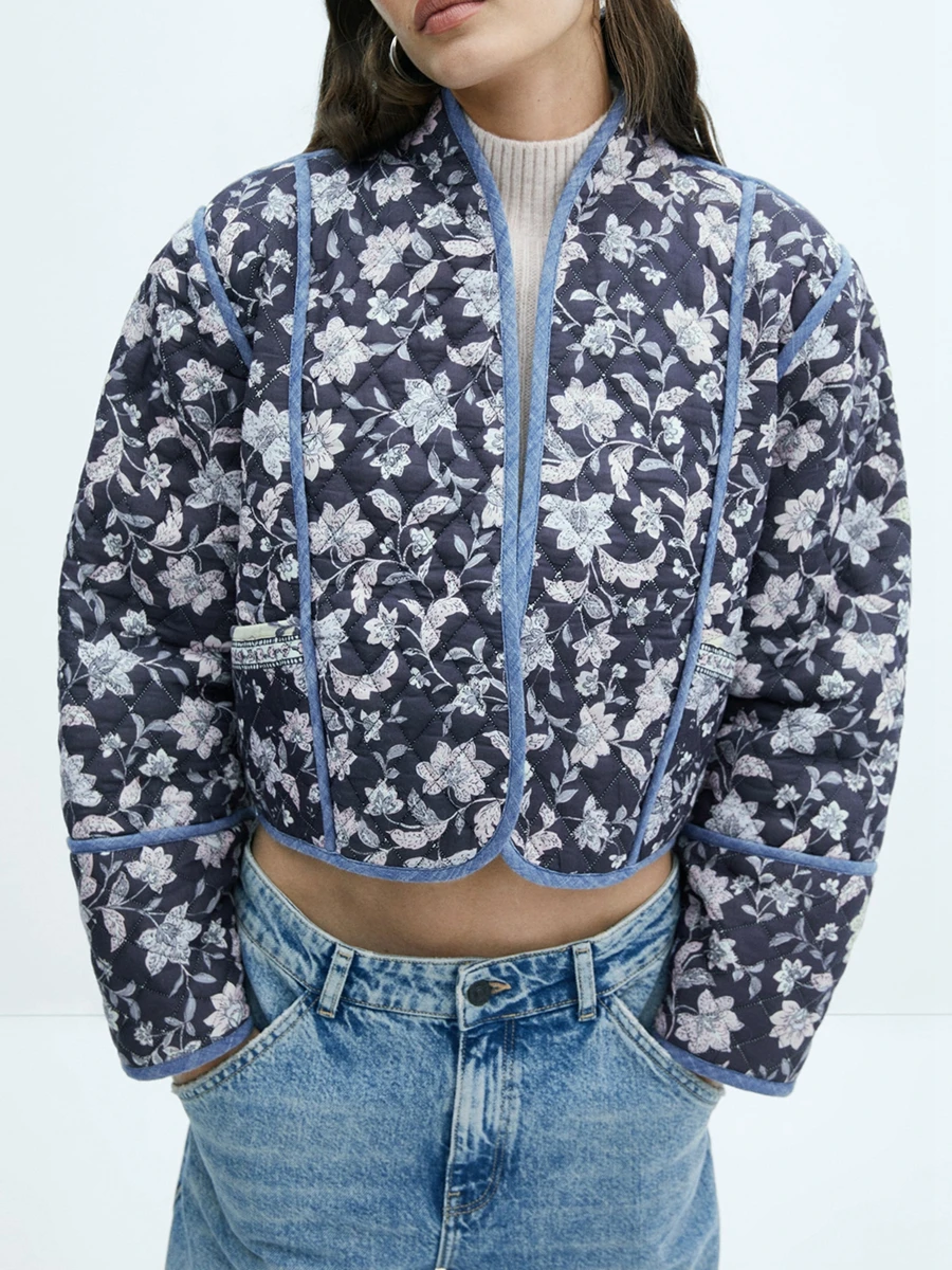 CHQCDarlys-Chaqueta acolchada corta con estampado Floral para mujer, cárdigan ligero de manga larga, cálido, para invierno