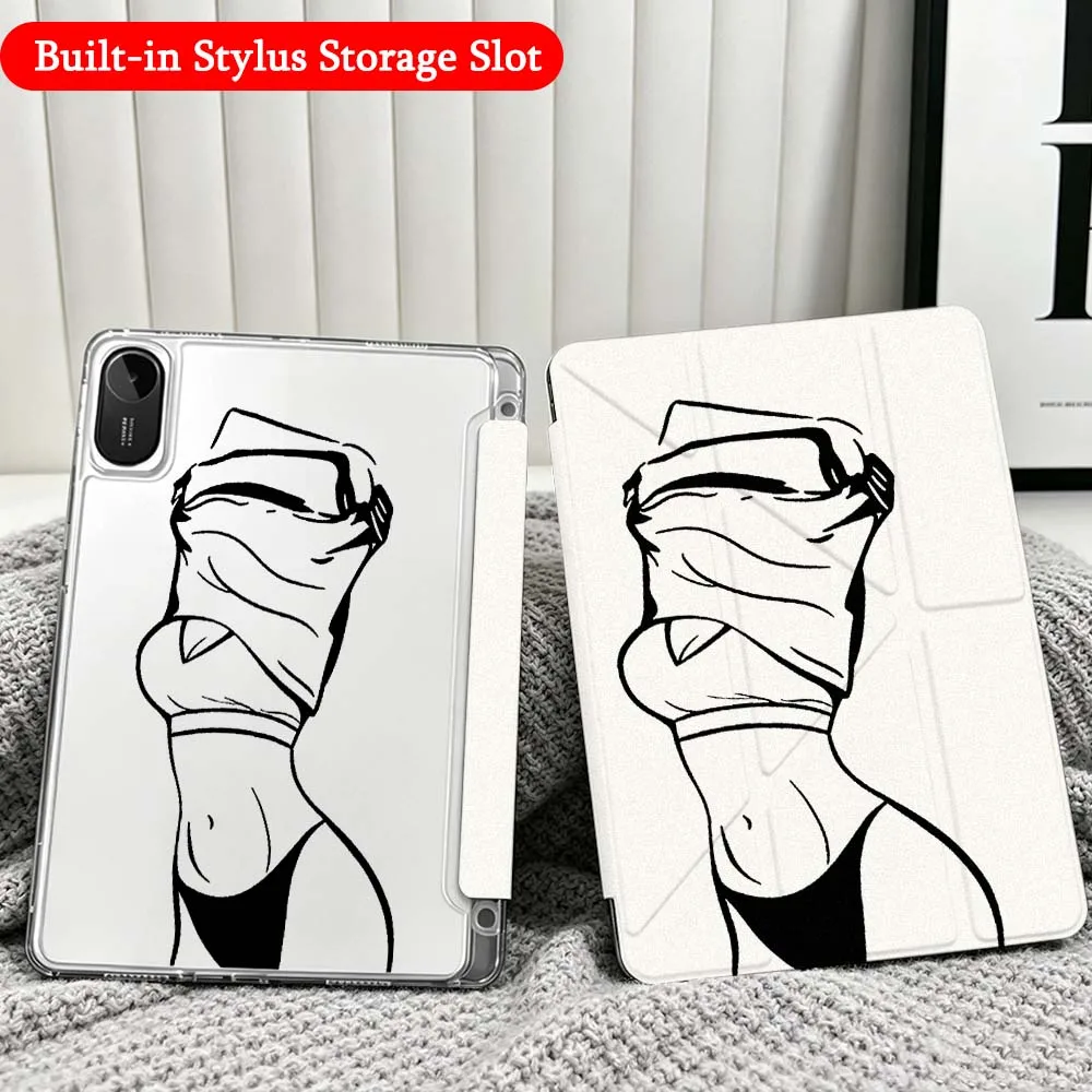Female Body Patten For Xiaomi Redmi Poco Pad 5 6 7 8 Pro SE 11 11.2 12.1 Inch Transparent Y-Shaped Folding Tablet Case