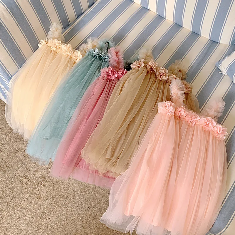 Summer Mesh Tulle Princess Dress Girls 3D Flower Mermaid Birthday Dress 6 Colors Kids Sleeveless Clothes