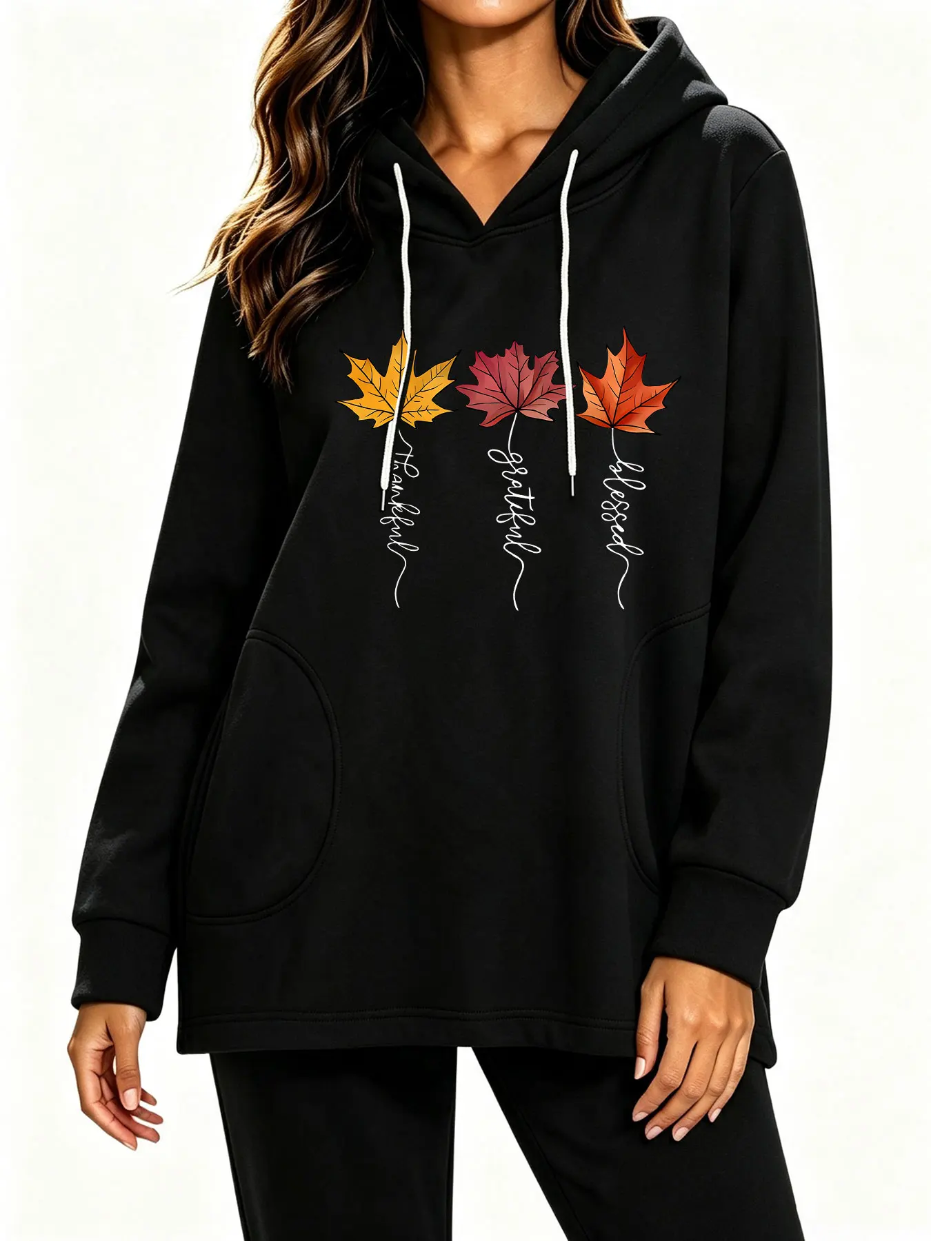 Three-color maple leaf gratitude English autumn print loose drawstring hooded sweatshirt, women's clothing
