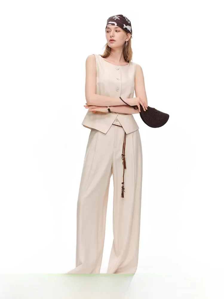 

Fashionable High Waist Button Set Women's Summer 2026 Casual Wide Leg Pants Vest Top Quality Material V Neck Button Clo...