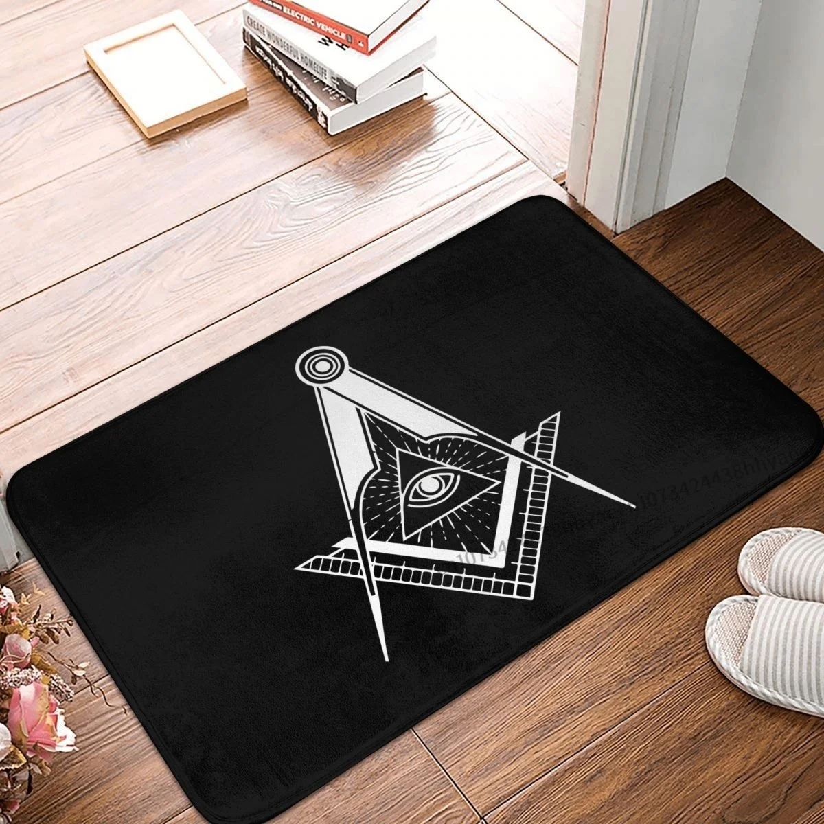 Freemason Gold Square Compass Non-slip Doormat Living Room Mat White Balcony Carpet Entrance Door Rug Bedroom Decor