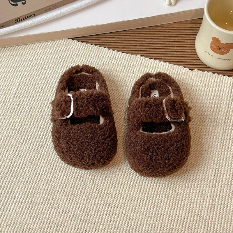 Children Shoes Winter New Kids Warm Plush Shoes For Girl Flat Loafers Moccasins Casual Shoes Coffee color Rice apricot color