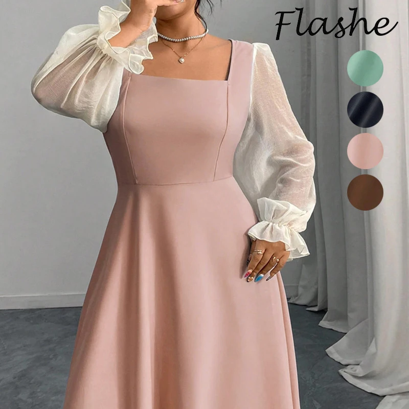 

Осеннее женское платье больших размеров с квадратным вырезом и длинным рукавом, длинные платья трапециевидной формы для женщин, повседневное милое вечернее платье, женские платья макси