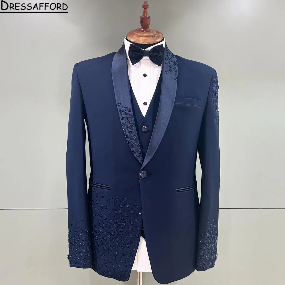 Blue Blazers Men Suits Crystal Diamonds Fashion Banquet 2 Piece Business Jacket Pants Trousers