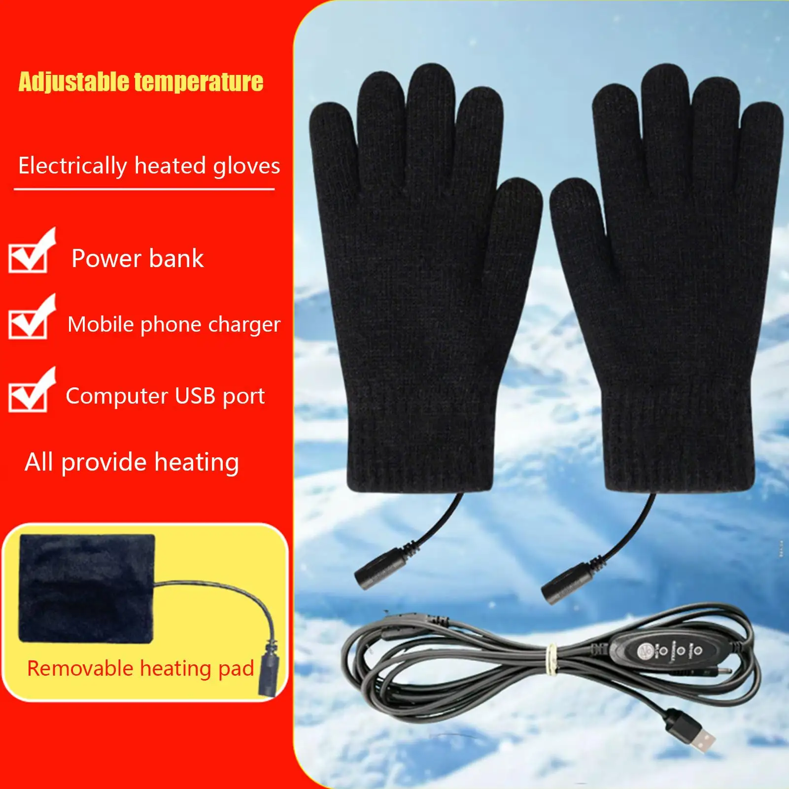 قفازات تزلج USB ساخنة، تصميم شاشة لمس مضاد للانزلاق مع 3 مستويات حرارية لركوب الدراجات النارية ورياضات الثلوج الشتوية #3