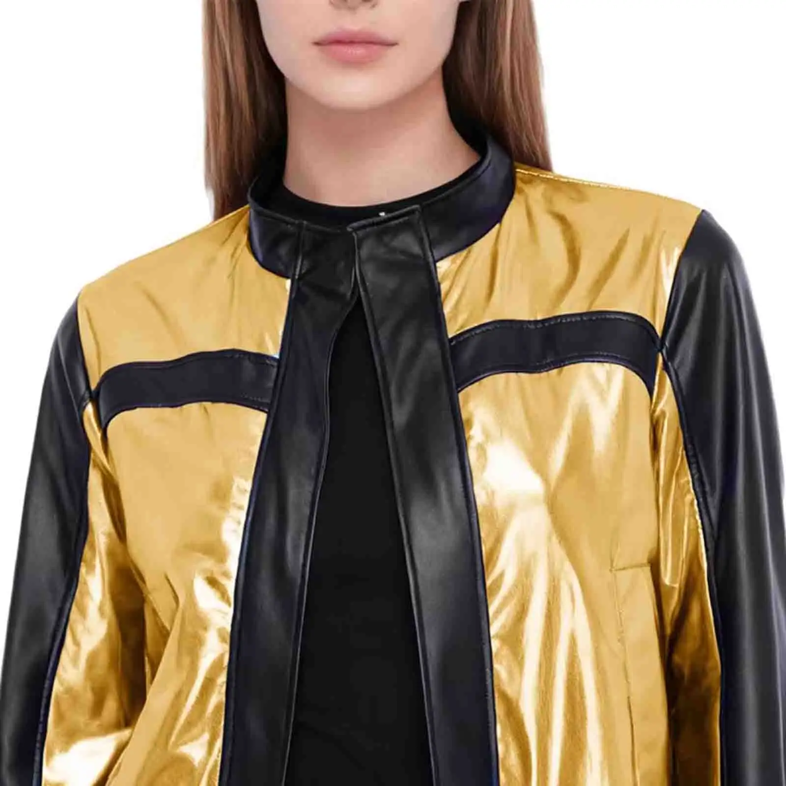 

Women Fashion Racing Motor Disco Dance Jackets Shiny Long Sleeve Patchwork Outerwear for Casual Daily Travelling Party Shopping