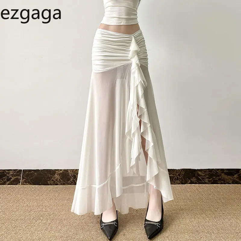 

Ezgaga Women Skirts French Style Elegant Ruffles Patchwork Mesh Ribbon Slim Ruched Split Long Skirt Ladies Temperament