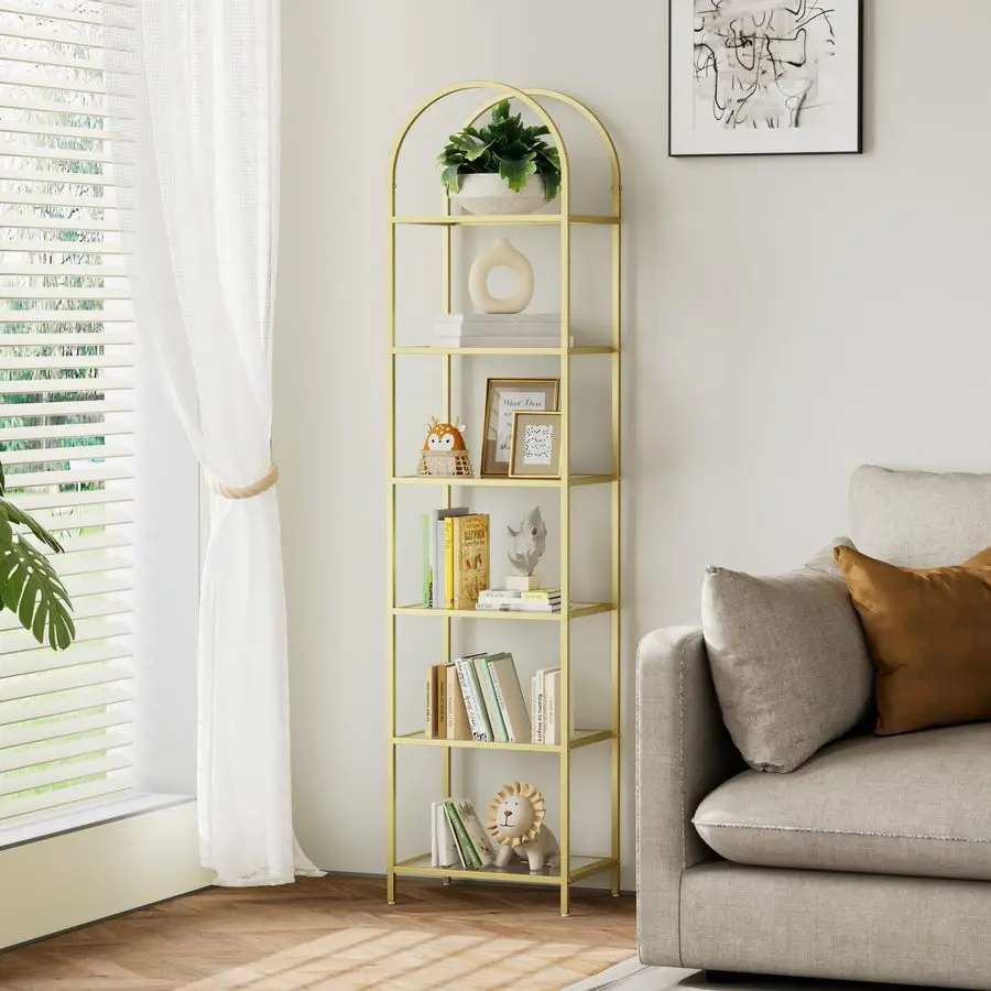 

Bookshelf Arched Display Racks,Metal Bookcase,Tempered Glass Shelves,Storage Rack Shelf for Home Office,Living Room,Bedroom, Ba