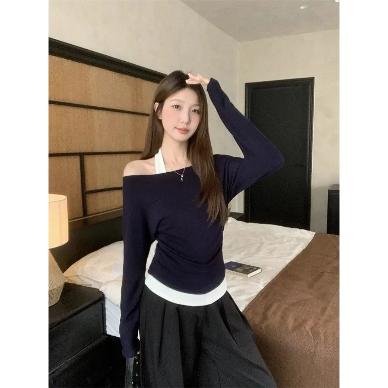 Striped One-shoulder Long-sleeved T-shirt Women's Autumn New Style Cover the Flesh and Slimming Fake Two-piece Top