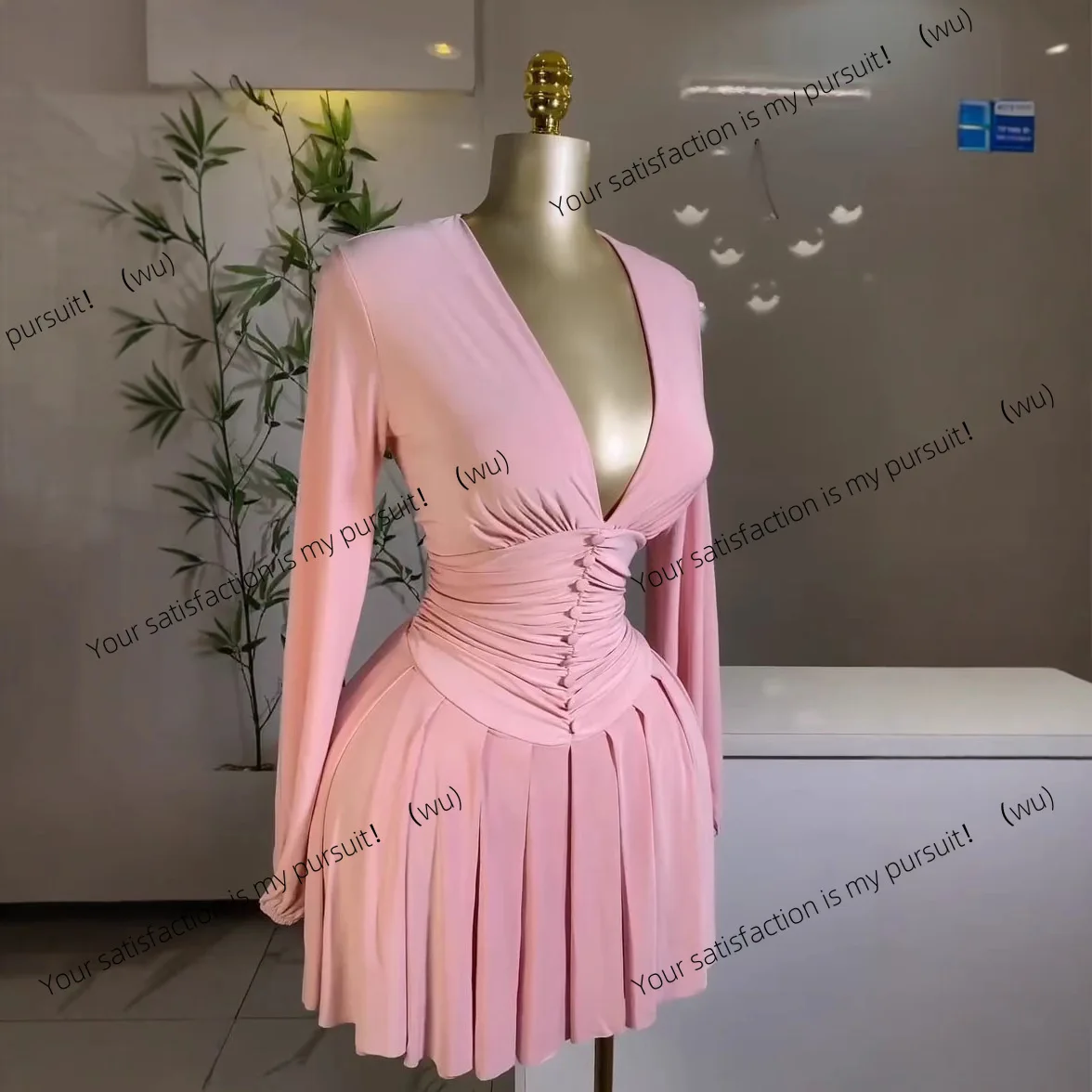 レディースプリーツVネック長袖ワンピース フレンチ風スリムウエスト細見えプリーツショートスカート