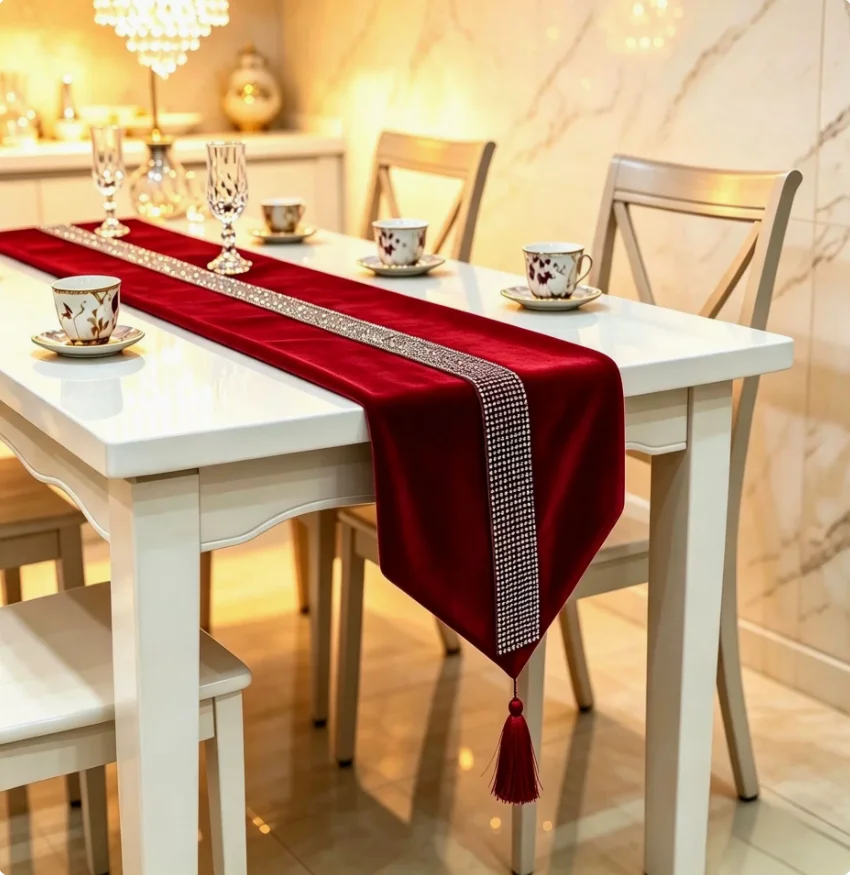 Light‑Luxury Korean Velvet Rhinestone Inlaid Rectangular Table Runner, Modern European Simple Table Flag for Party Table Decor