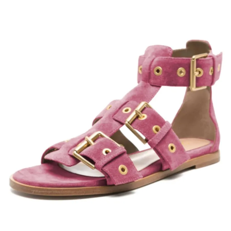 DIZHUANG صندل مسطح مثير للنساء. صندل من جلد الغزال الوردي (الأزرق). أحذية نسائية صيفية. الأجهزة الصنادل حزام مشبك. عرض أزياء