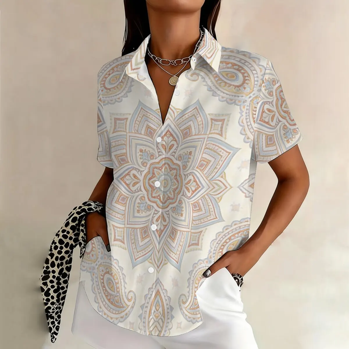 

Fashion women's plus-size short-sleeve shirt for summer, with understated patterns, elegant and intellectual, ideal for literary