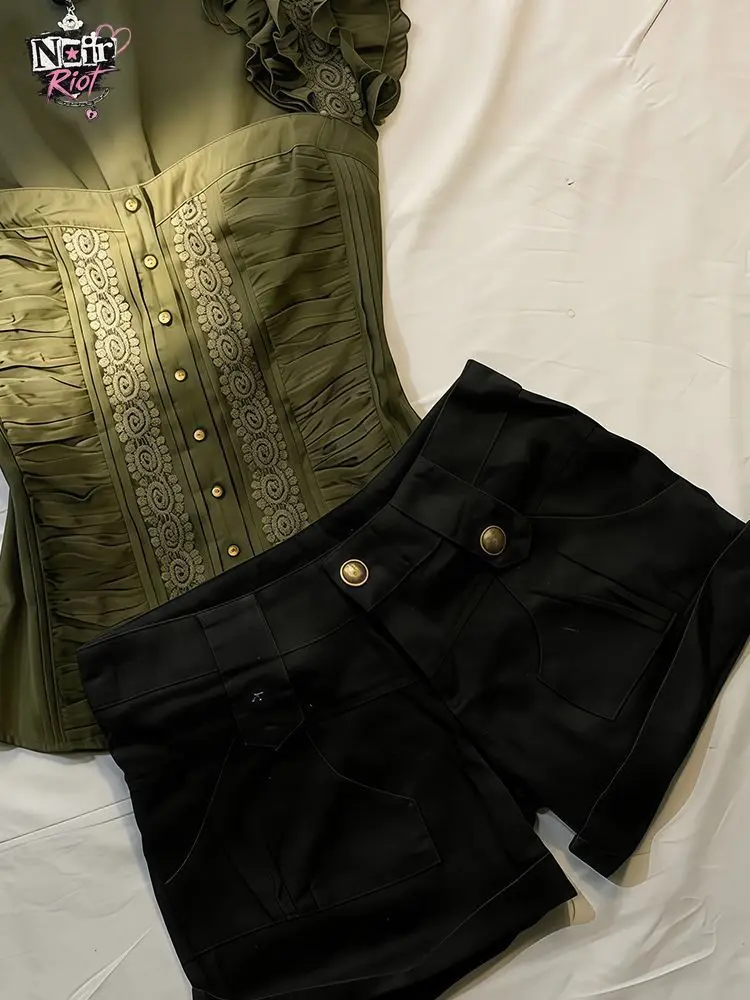 Japanese Vintage Ruffled Ruched Embroidery Button Front 2 Piece Set Women Olive Green Blouse High Waist Black Shorts Casual Outf