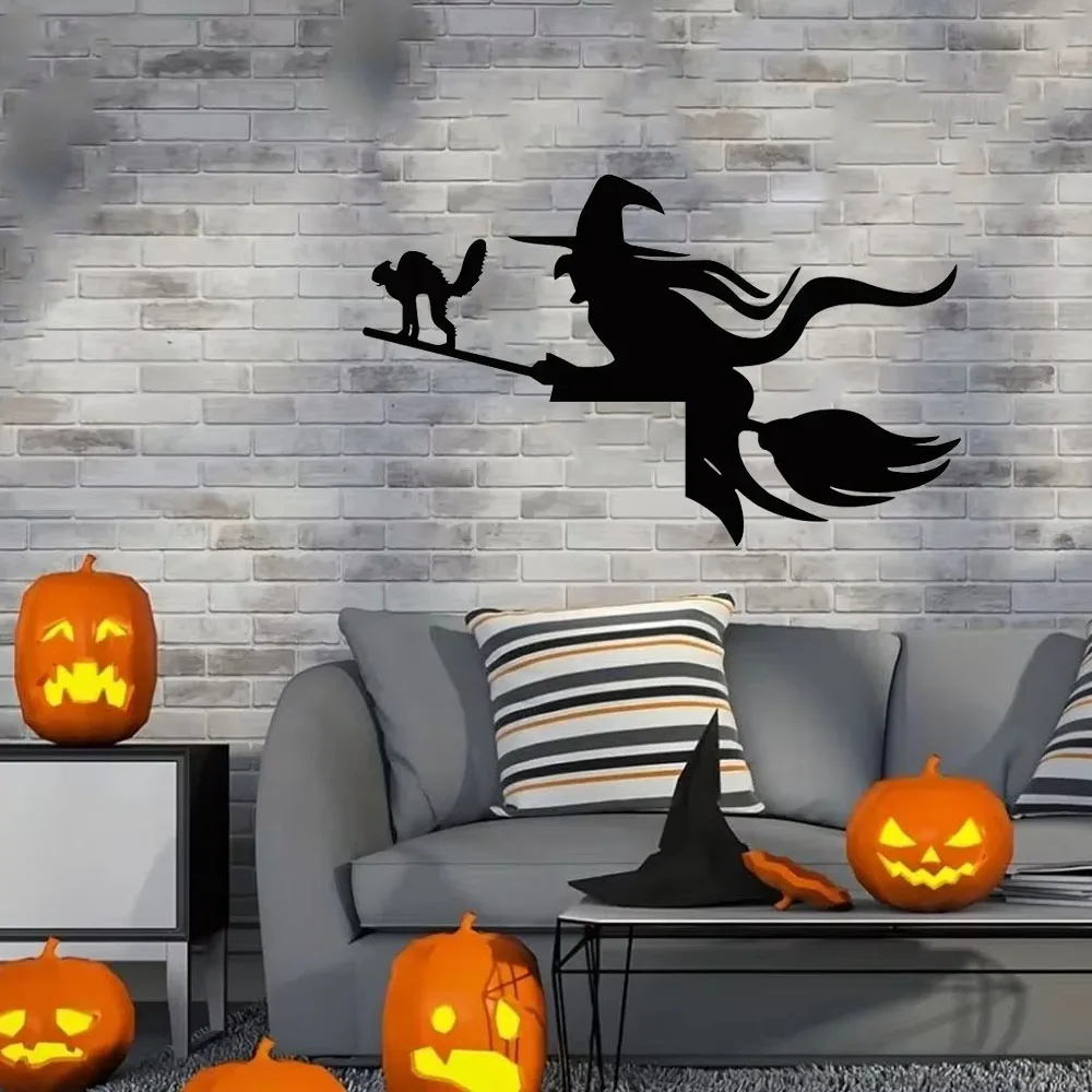 1pc Fascinating Witch on a Broom Wall Sticker: Intriguing Metal Art for Door Corners & Frames. Appealing Halloween Wall Decor