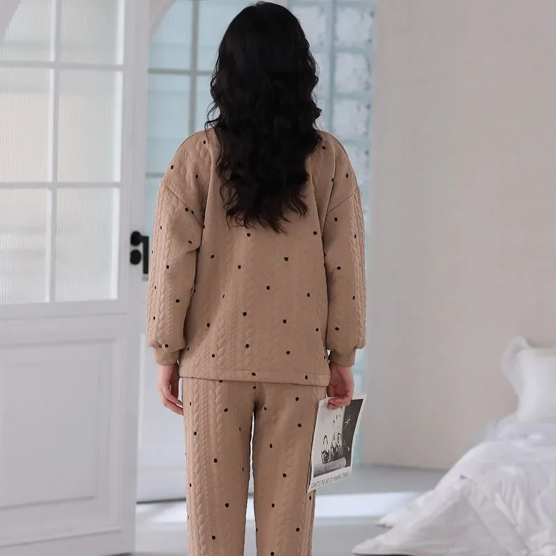 2024 New Air Cotton Sandwich Autumn Winter Pajamas Women Loose Loungewear Long Sleeved Sleepwear Set Spring V-neck Homewear