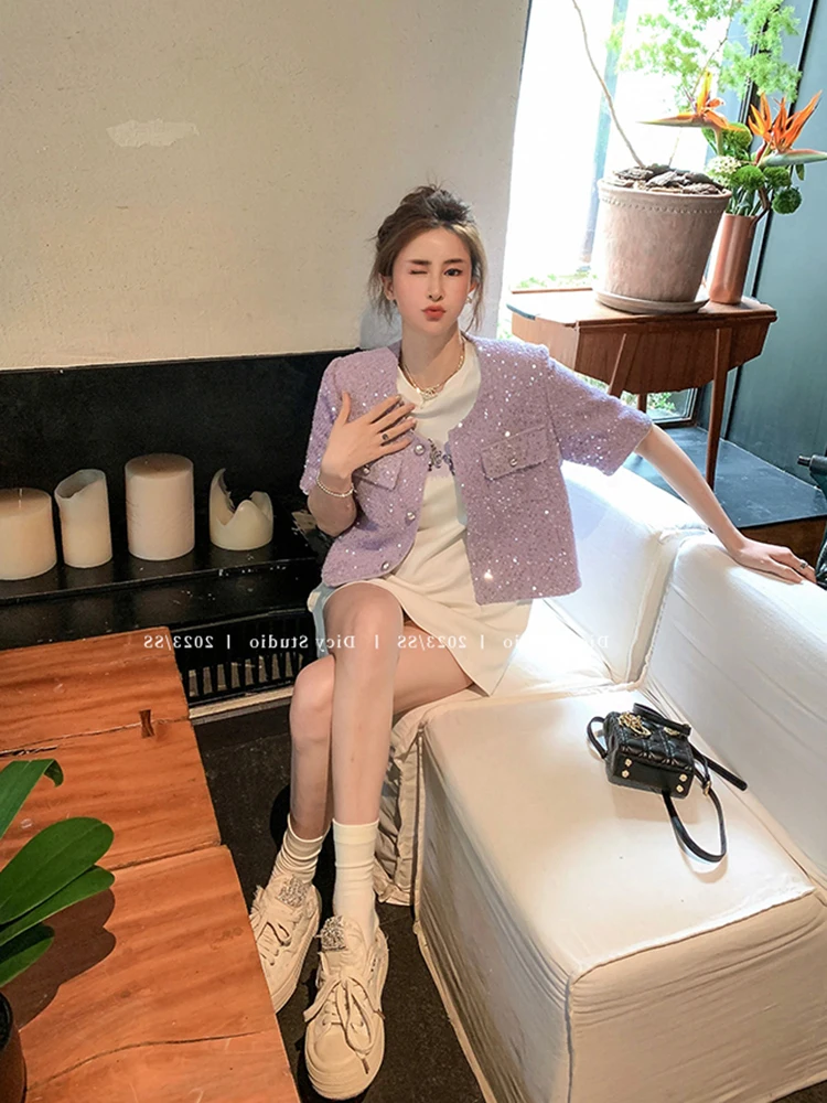 Dames elegant glanzend lovertjes tweed jasje met korte mouwen dame zomer streetwear o hals enkele rij zakken losse uitloper