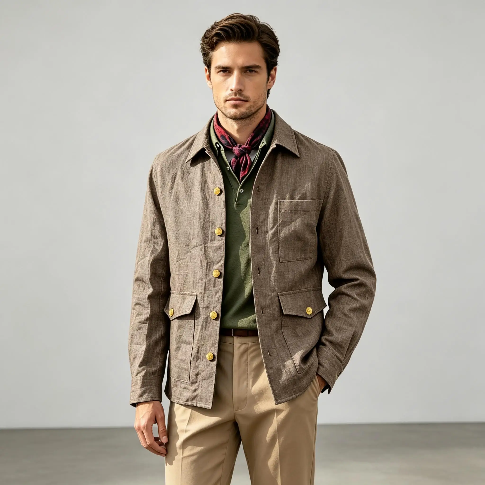 Men Linen Blend Overshirt Jacket Multi Pockets Turn‑down Collar Casual Daily Travel Business Casual Outerwear