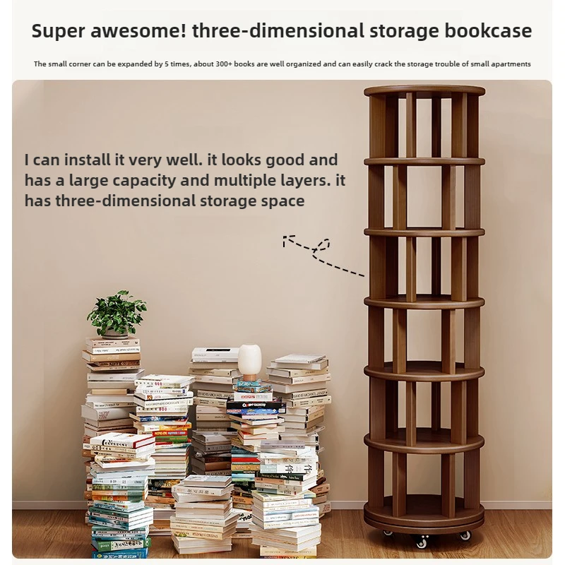 360-Degree Rotating Solid Wood Bookshelf: Floor-to-Ceiling, Wall-Mounted, Narrow Corner Cabinet image 2