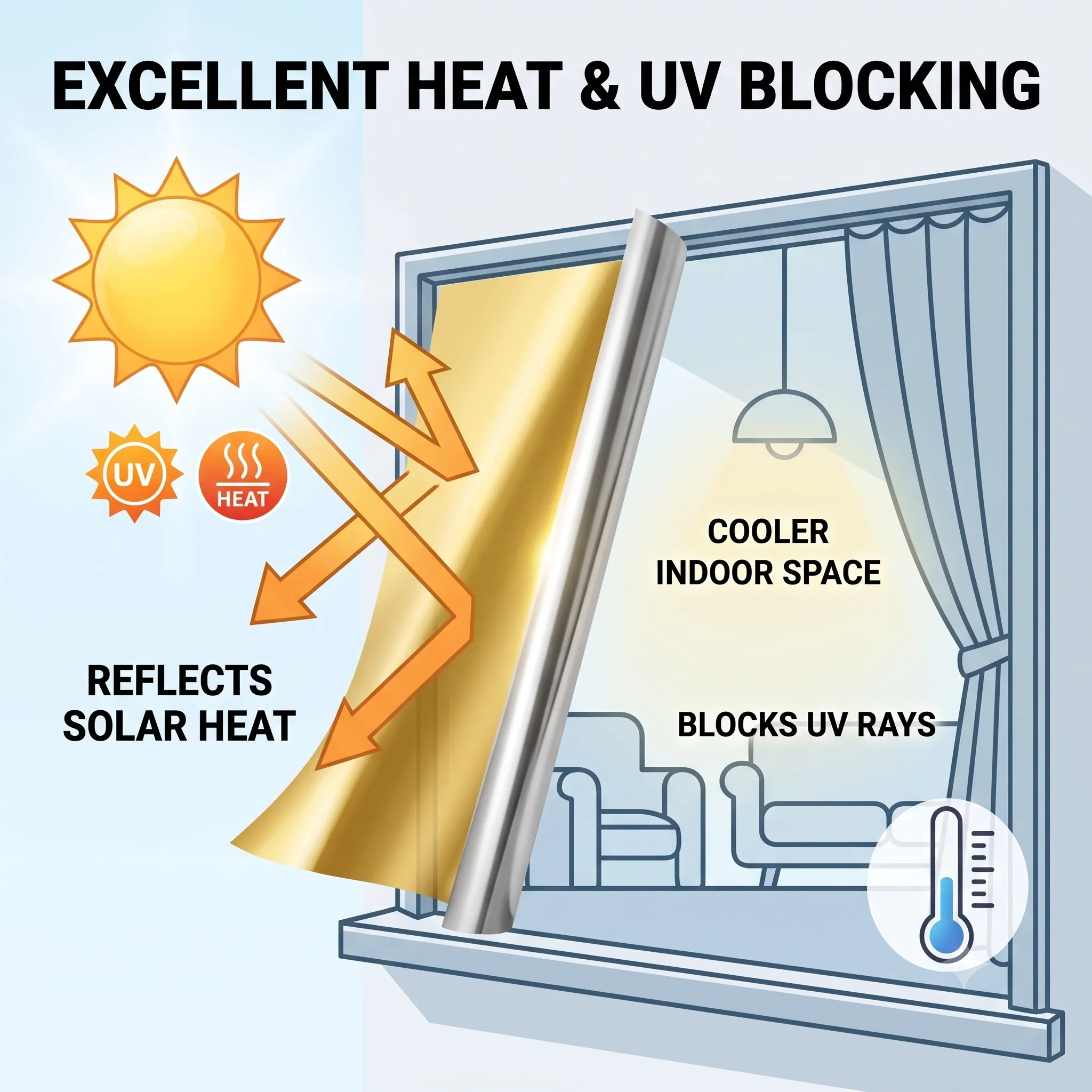 Gold Silver Static Cling Window Film - No-Glue One-Way Daytime Privacy Tint Heat & UV Block Removable Reusable Glass Sticker