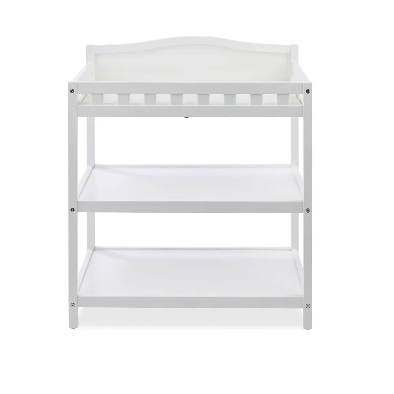 White wooden baby changing table with padded shelves for storing diapers, baby care, and other children's furniture