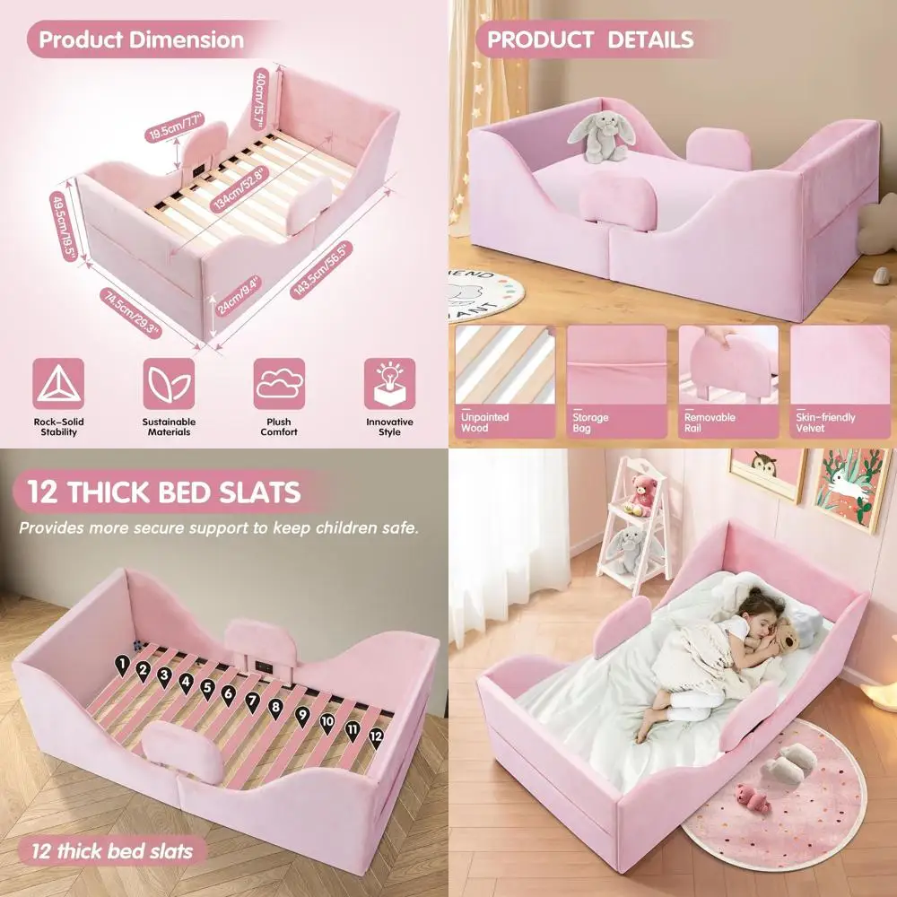 

Pink Velvet Toddler Bed with Safety Rails for 1-7 Years, Certified Soft and Comfortable