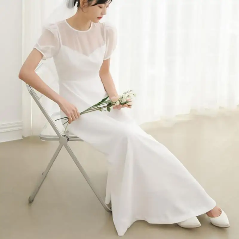 Illusion O-neck Wedding Dress New Simple Bridal Dress With Short Sleeve Elegant Ankle-length A-line Evening Dresses Customized