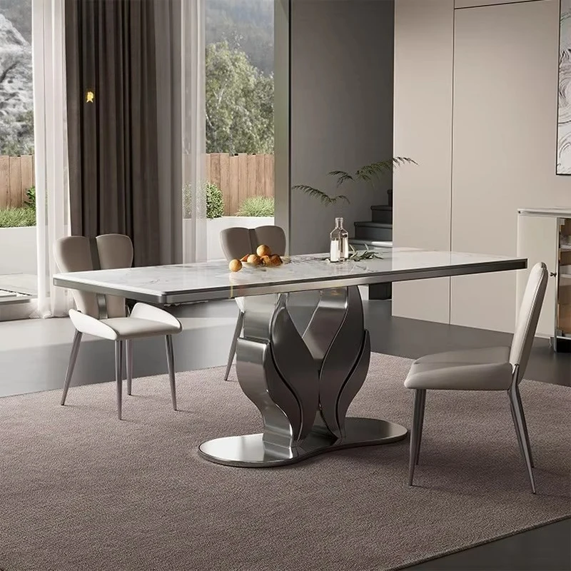 Modern Luxury Sintered Stone Dining Table Grey Stainless Steel Legs Rectangular Design Waterproof Durable Apartment Villa Use