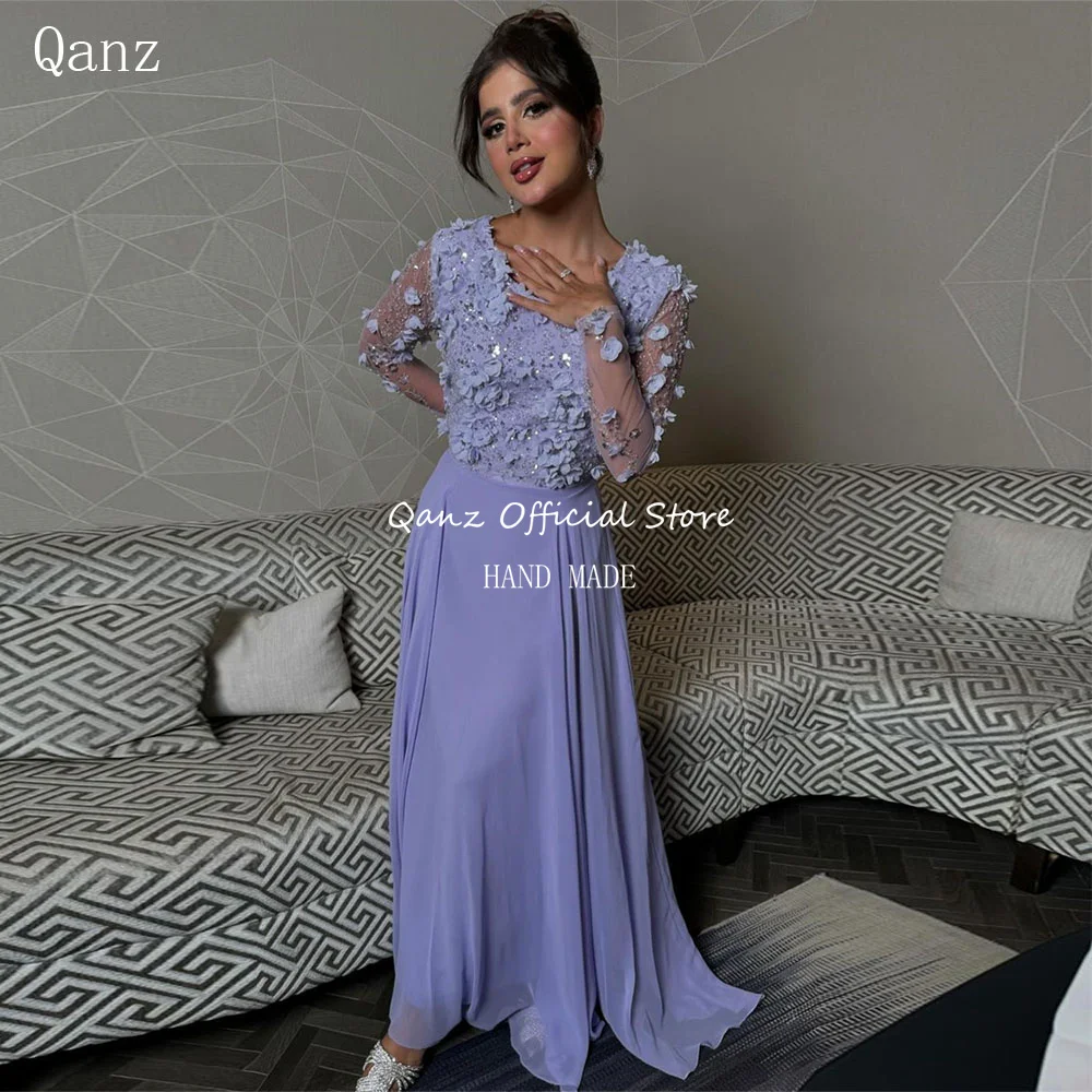 

Qazn Dubai Evening Dress 2024 Luxury Lavender Flowers Long Sleeves Prom Dress O Neck Chiffon Robe De Soiree Luxueuse Femme 2024