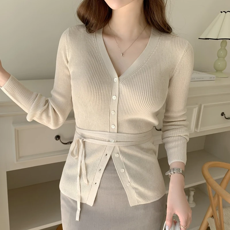 Dongda Gate Autunno Inverno V-ne Slim Fit Lungo Sve Cardigan aperto lavorato a maglia T-shirt da donna morbida e leggera coreana Sle