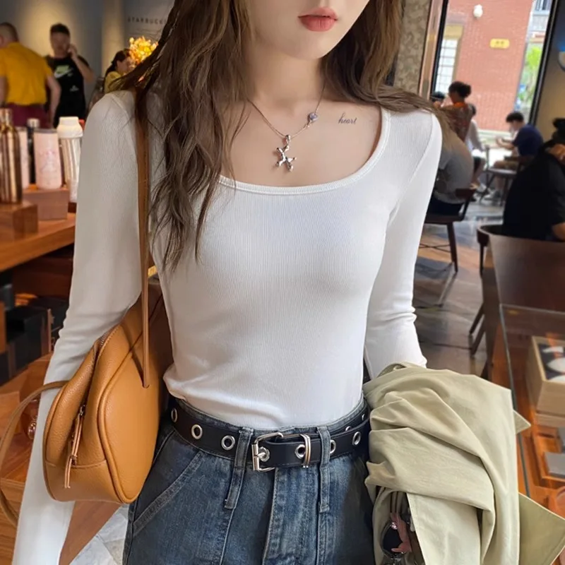 Official Square Neck Threaded Long Sleeve T-shirt for Women Spring Autumn Collarbone Waistband Bottoming Shirt Westernized Top