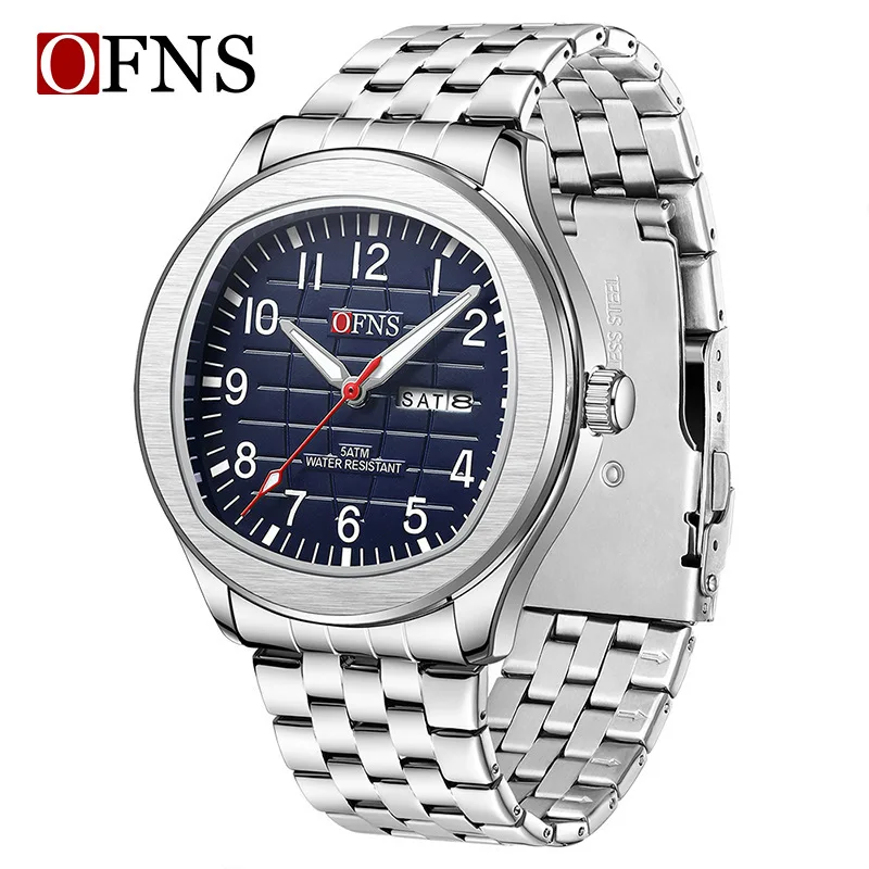 OFNS8018 Men's Business Leisure Watch Mineral Tempered Glass Scratch resistant 50m Waterproof Double Calendar Quartz Movement