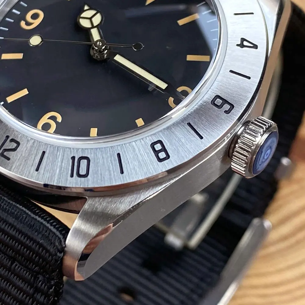 39mm Automatic Watch for Men NH35 PT5000 Movement Black Dial Sapphire Crystal 24 Hours Bezel Nylon Strap Scew-in Crown view 3