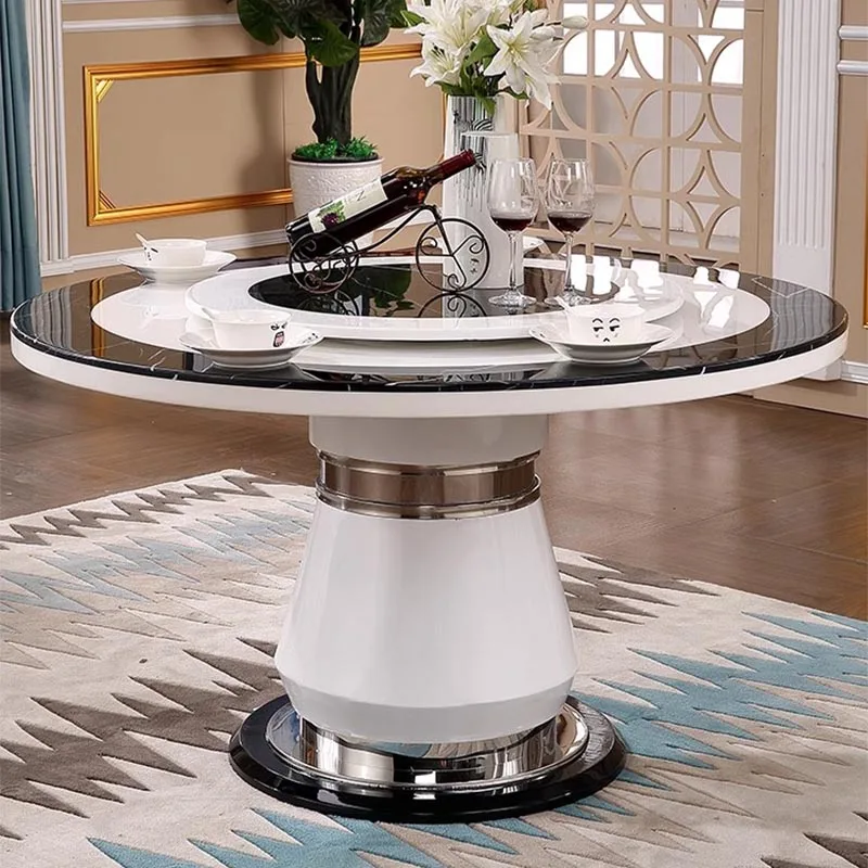 

European marble dining table and chair combination black and white simple modern villa with turntable light luxury round table