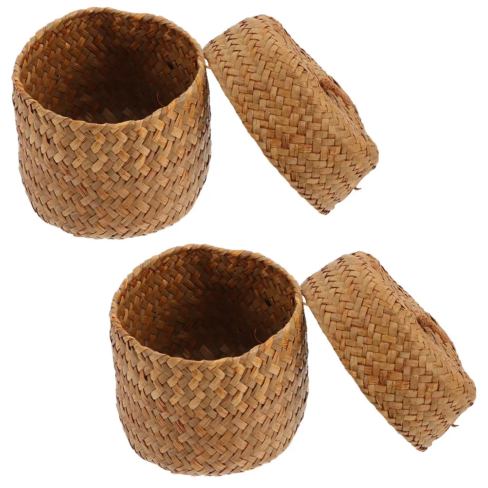 

2 Pcs Straw Flower Box Natural Seagrass Storage Baskets Small Flat Bins Desktop Organizer Woven Gift Container Home Decor