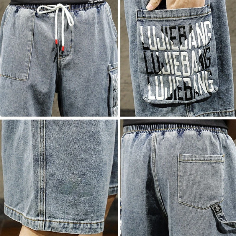 Hàng Hóa Quần Jeans Nam Quần Ngắn Mùa Hè Giải Trí Lưng Thun Thẳng Đầu Gối Chiều Dài Quần Nam In Hình Quần Denim