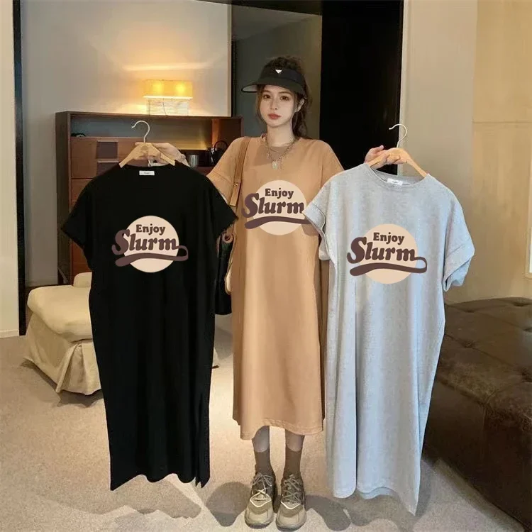 

Летнее свободное женское платье с короткими рукавами и круглым вырезом в стиле ретро с буквенным принтом большого размера